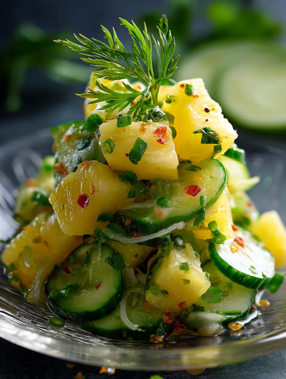 A plate of food with cucumbers and pineapple.