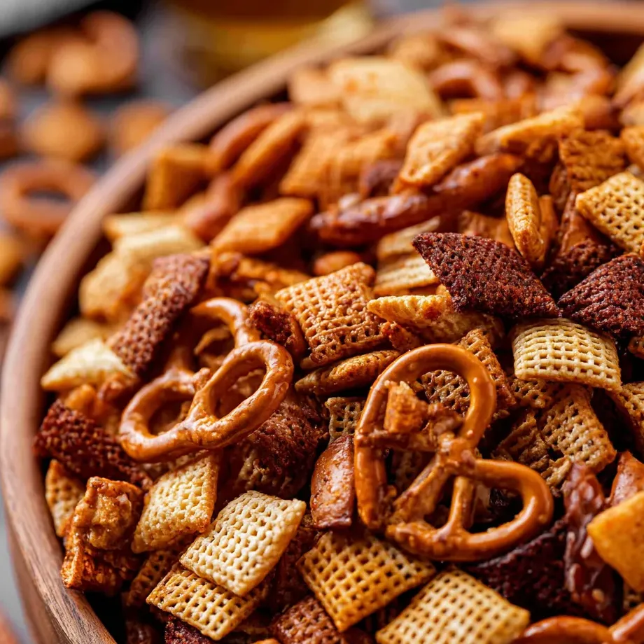 A bowl of snacks with pretzels and crackers.