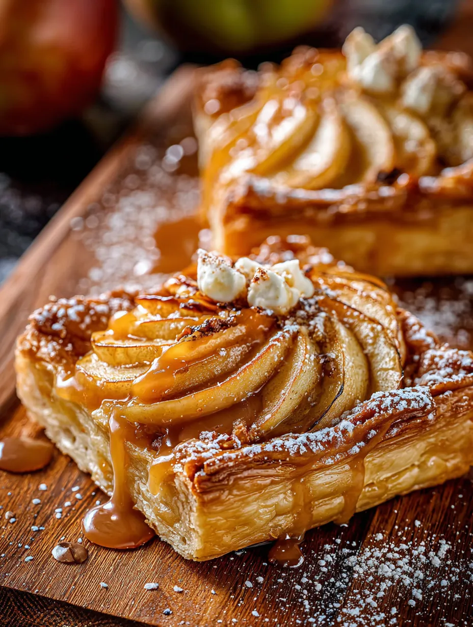 Two pieces of apple pastry with powdered sugar on a wooden table.