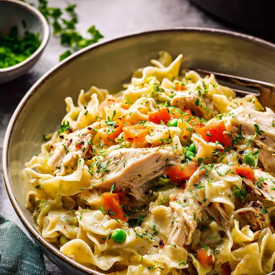 A bowl of pasta with chicken and vegetables.