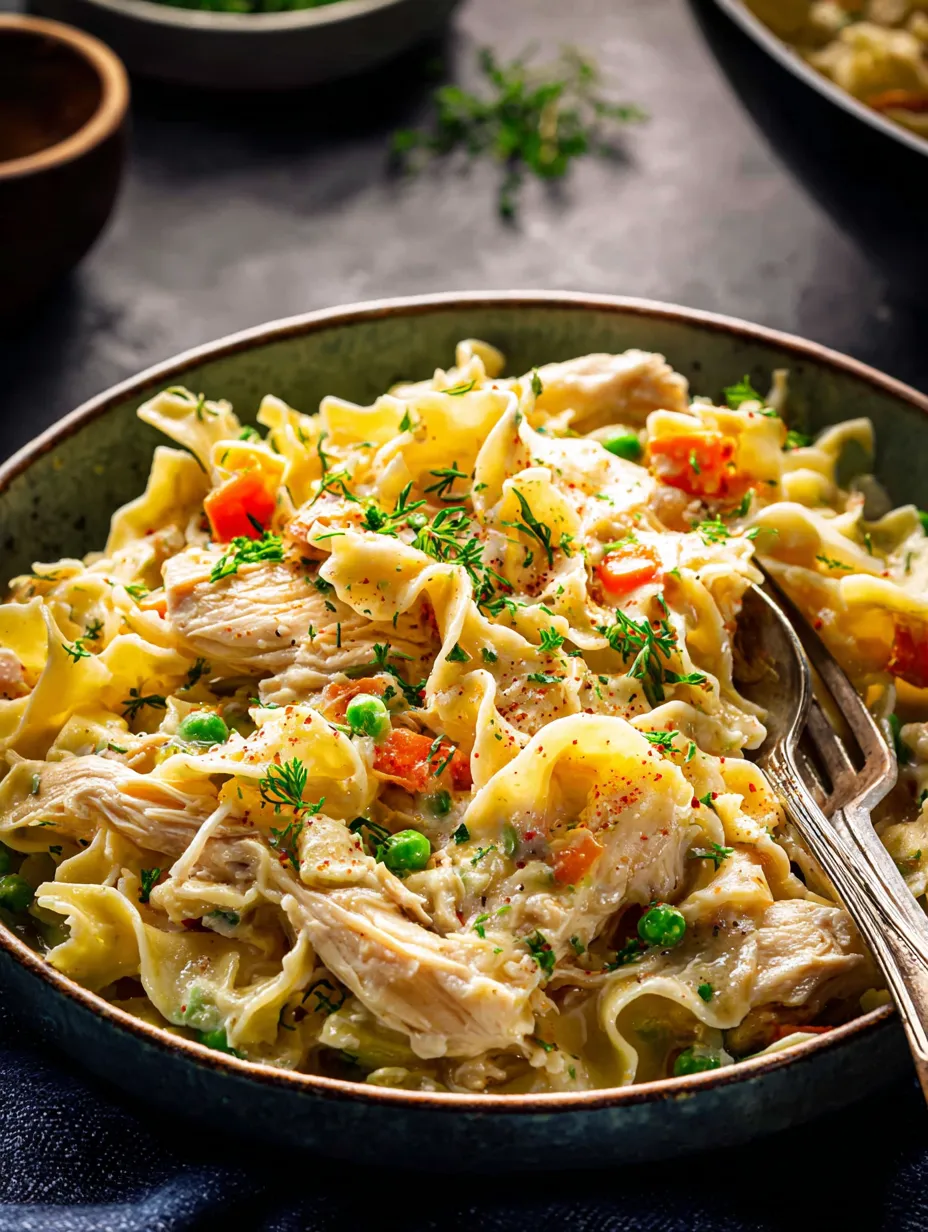 A bowl of pasta with chicken and peas.