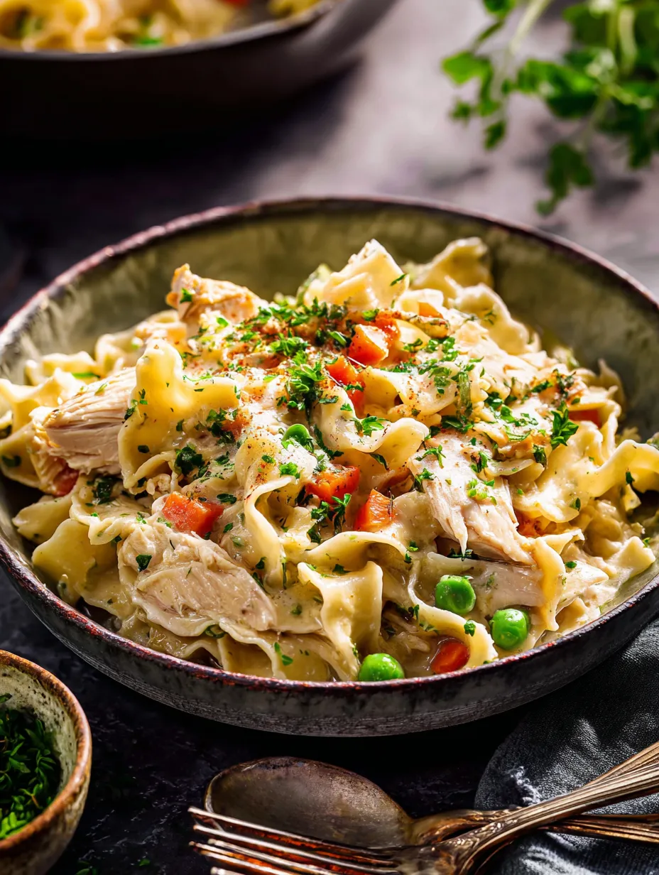 A bowl of pasta with chicken and vegetables.