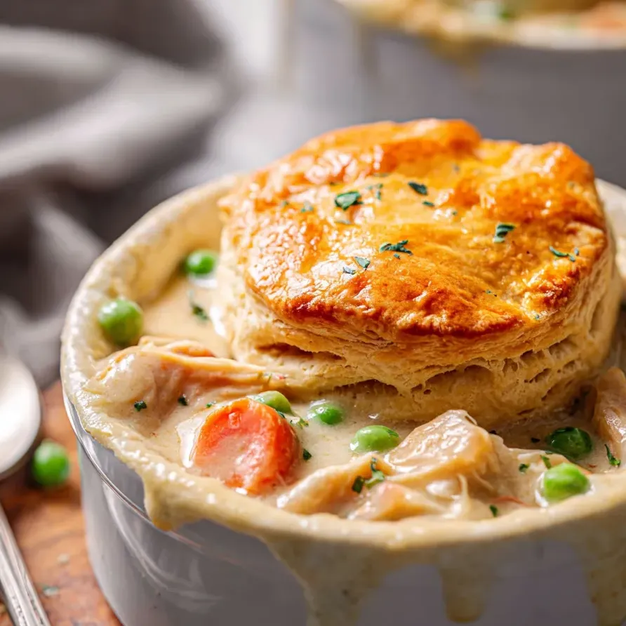 A bowl of soup with a pastry on top.