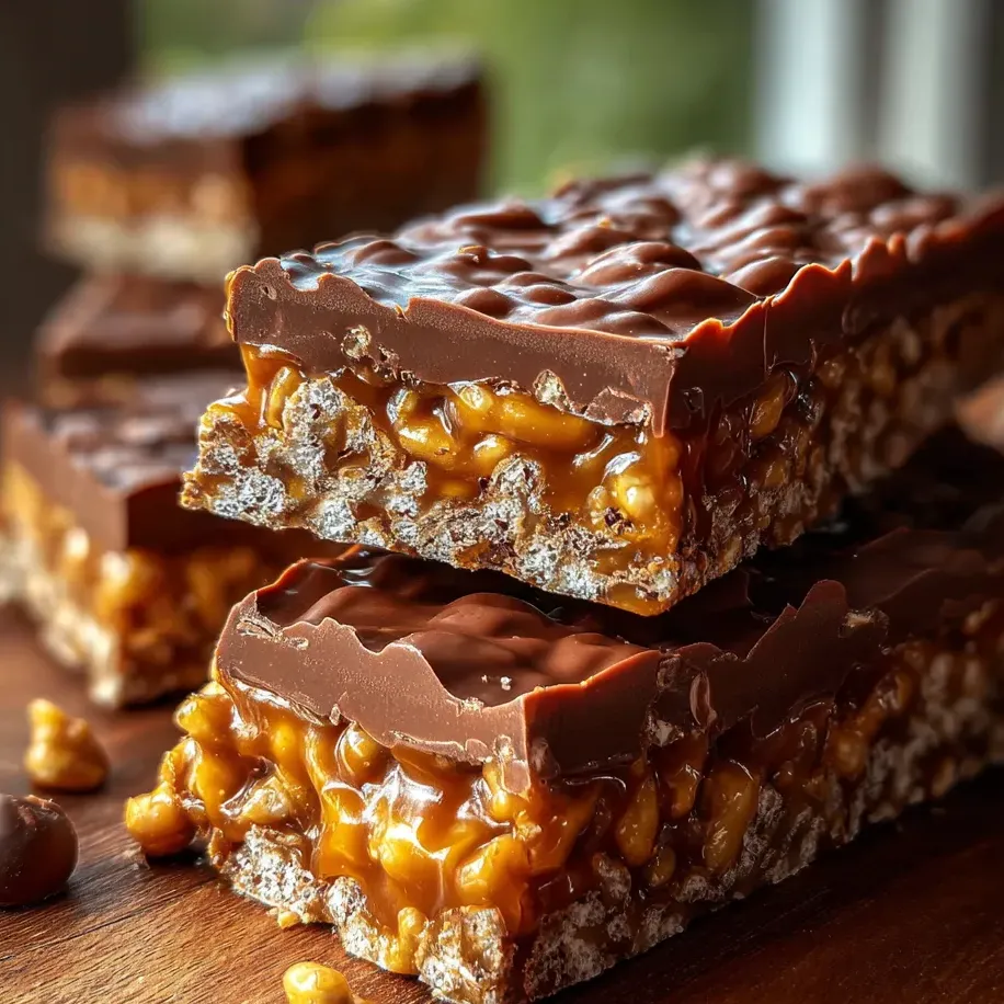 A chocolate bar with a caramel topping.