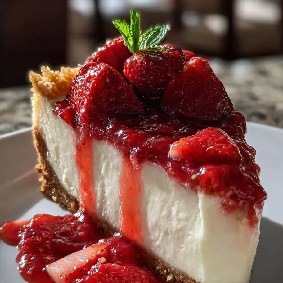 A slice of cheesecake with strawberries on top.