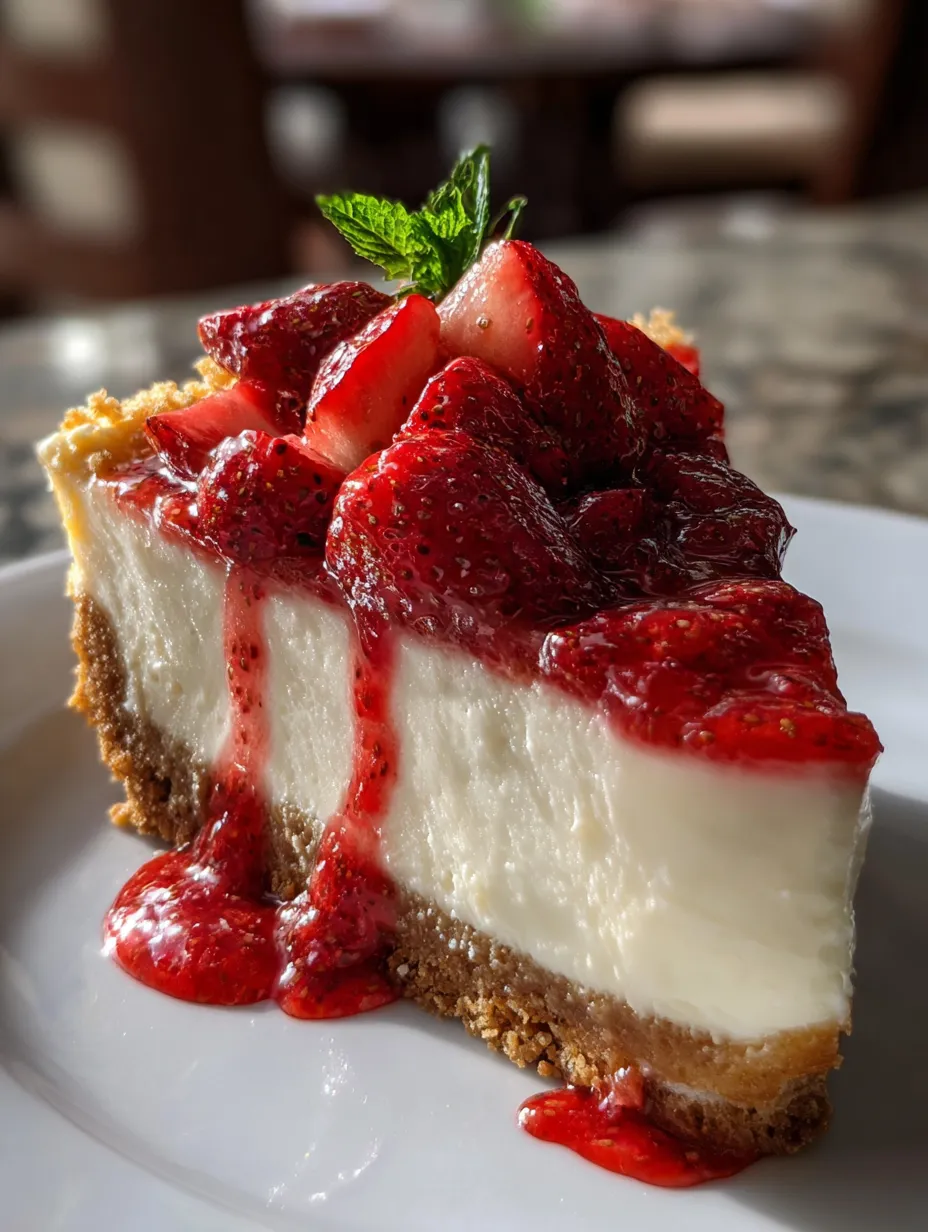 A slice of cheesecake with strawberries on top.