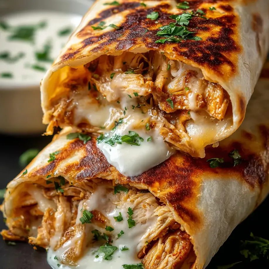 A chicken burrito with white sauce.
