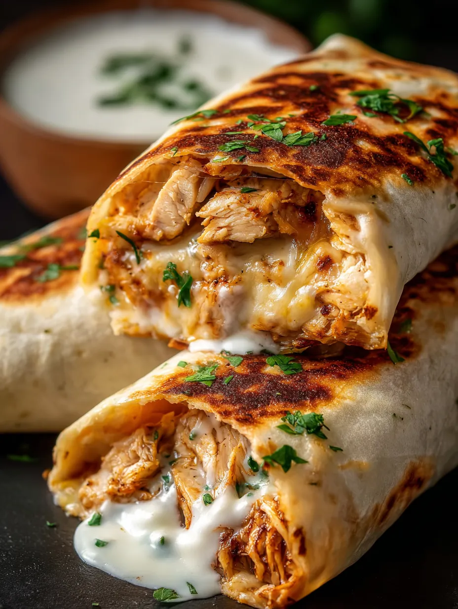 A chicken burrito with white sauce.
