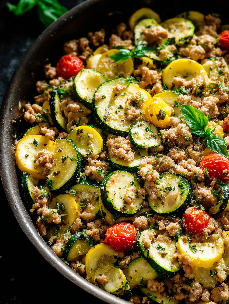 A bowl of food with zucchini, tomatoes, and meat.