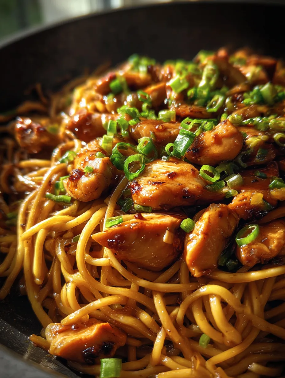 A bowl of noodles with chicken and vegetables.