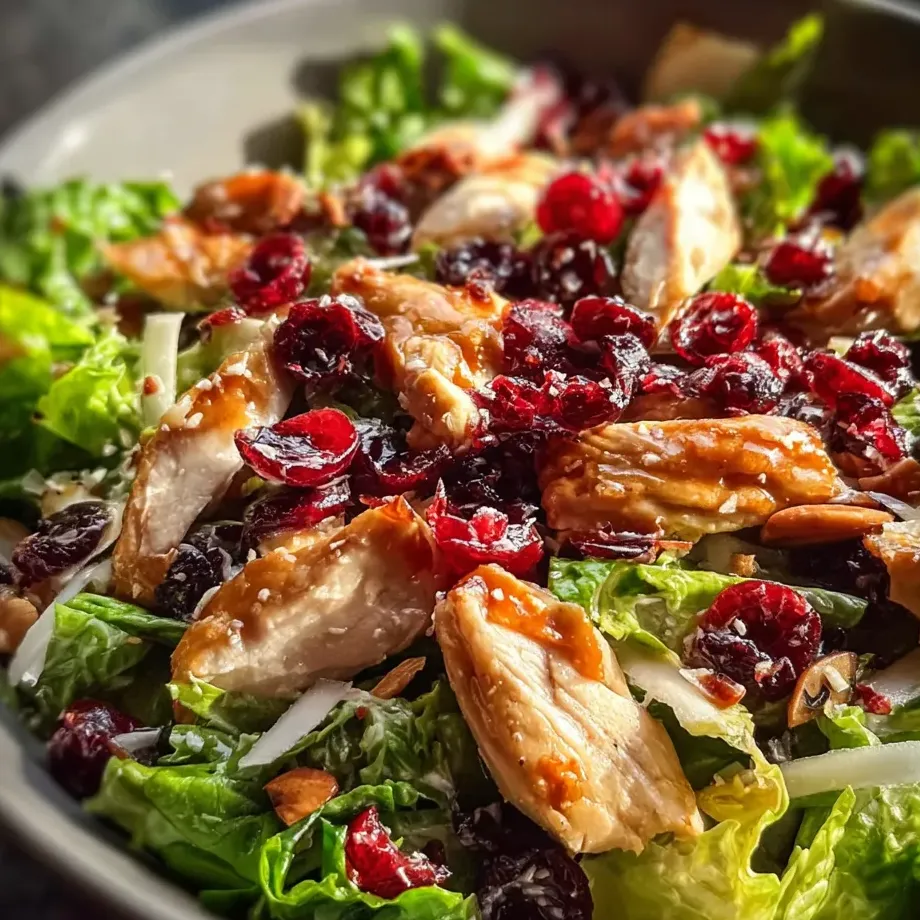 A bowl of salad with chicken, cranberries, and lettuce.
