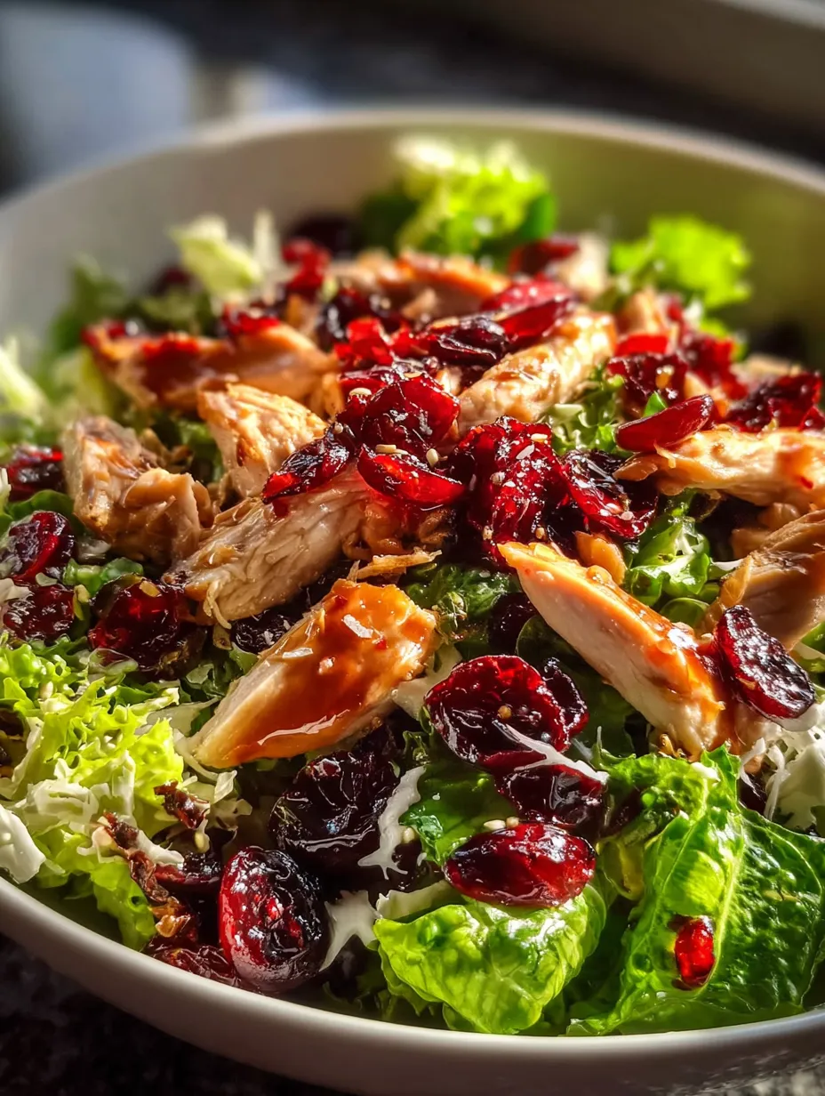 A bowl of salad with chicken, cranberries, and lettuce.