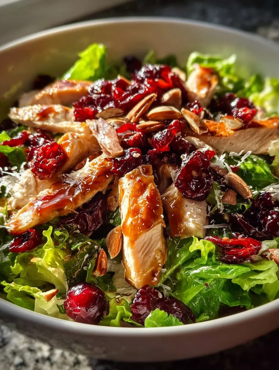 A bowl of salad with chicken, cranberries, and walnuts.
