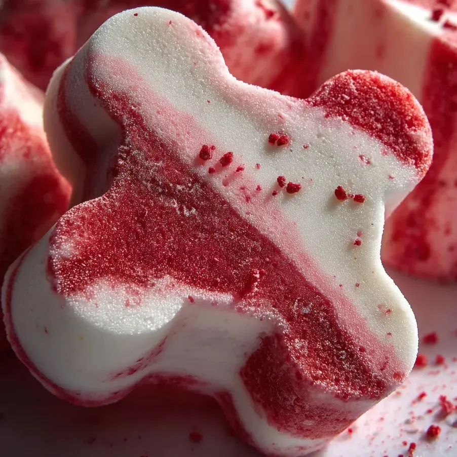 A red and white candy shaped like a dog.