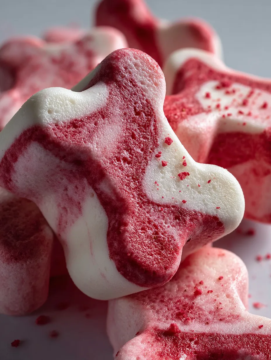 A pink and white candy shaped like a dog.
