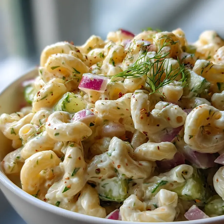 A bowl of pasta salad with red onions.