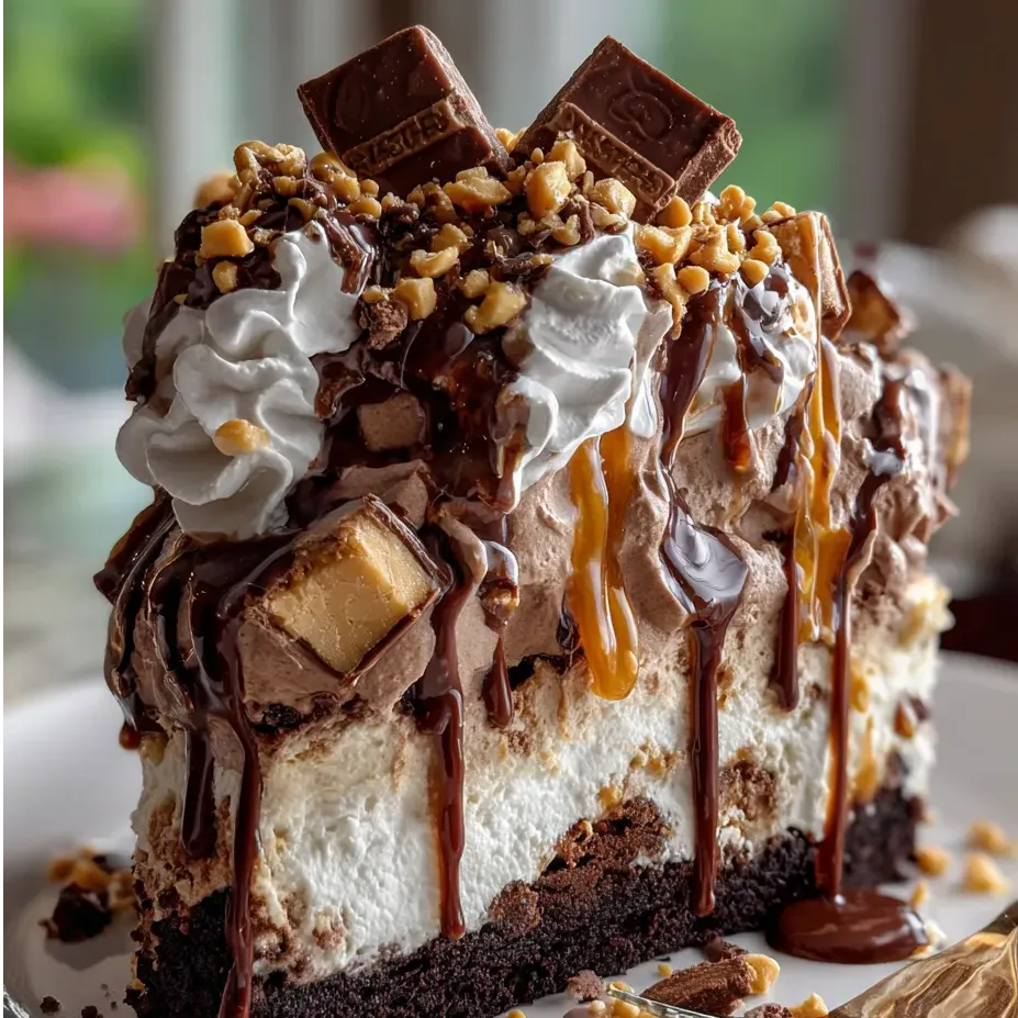 A slice of chocolate cake with caramel drizzle.