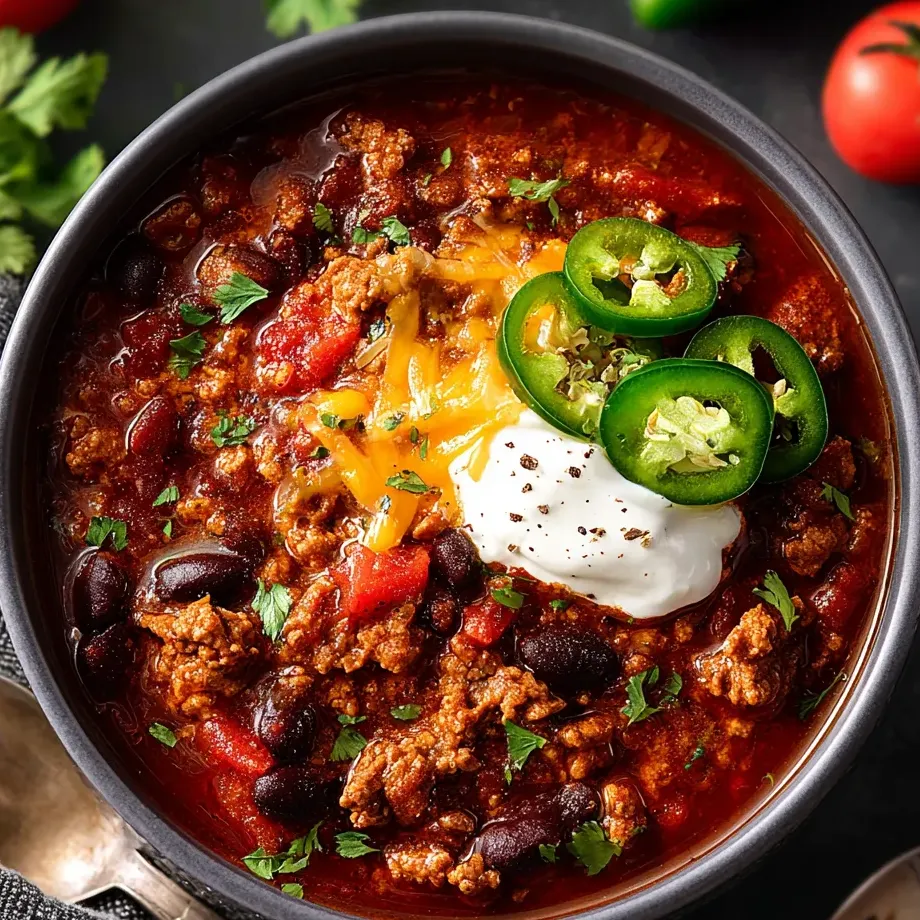 A bowl of chili with jalapenos and cheese.