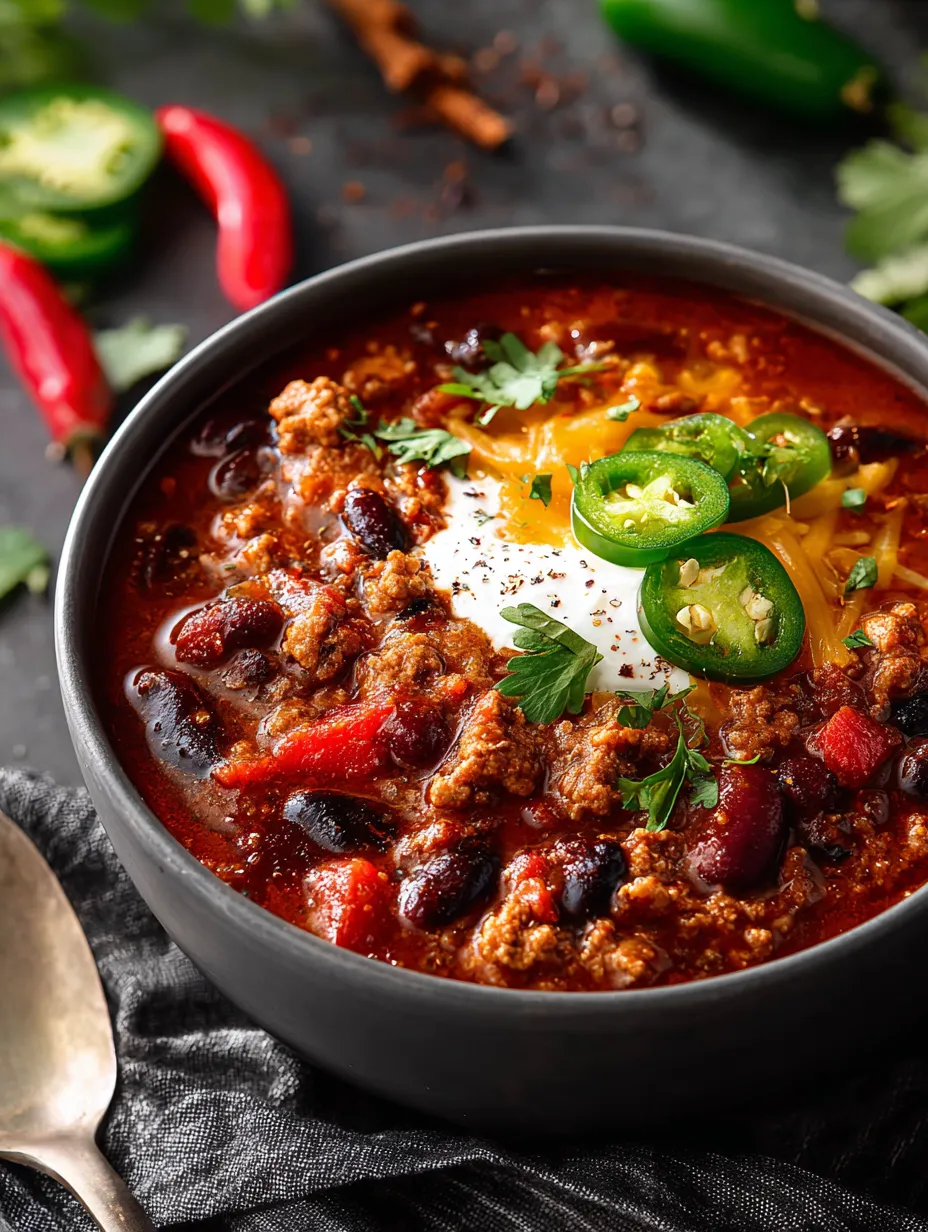 A bowl of chili with jalapenos and a dollop of sour cream.