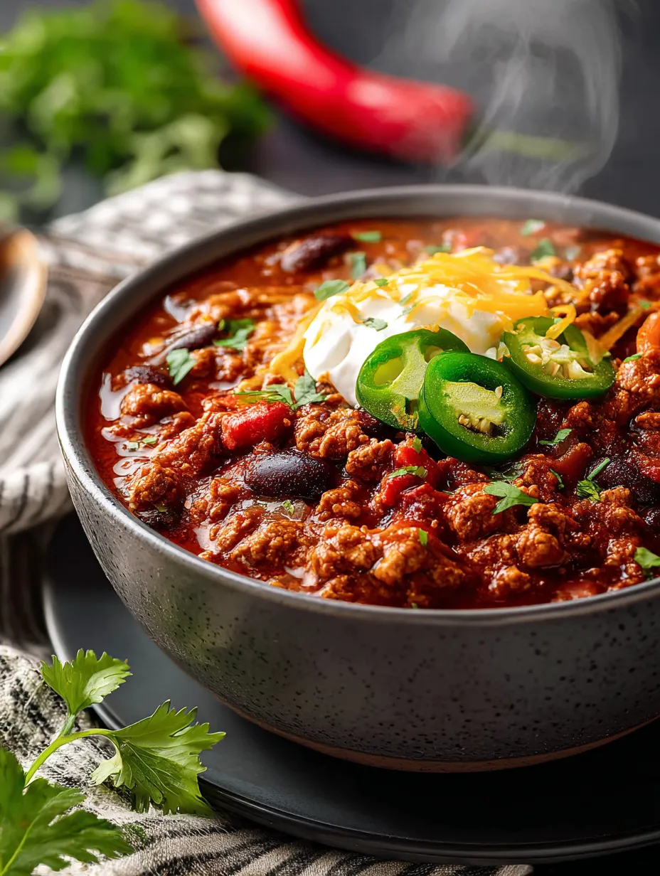 A bowl of chili with jalapenos and cheese.