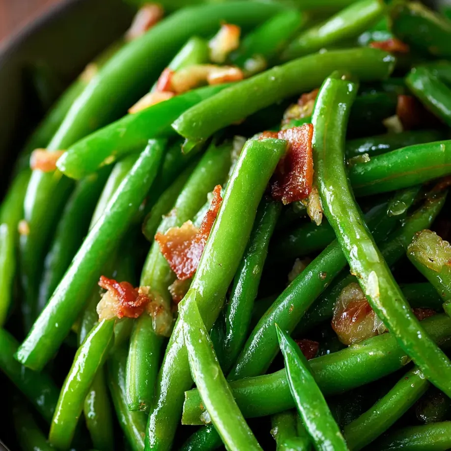 A bowl of green beans with bacon.