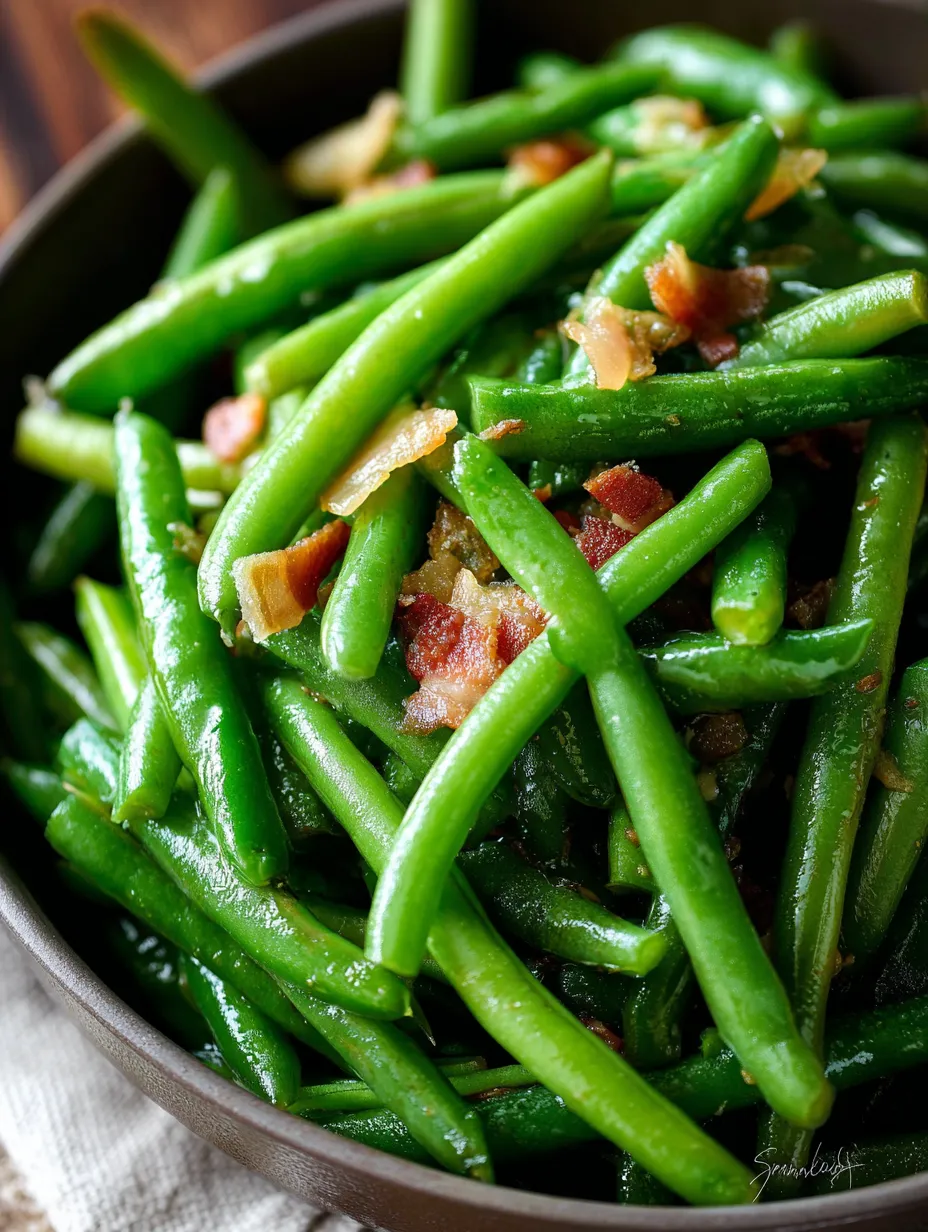 A bowl of green beans with bacon.