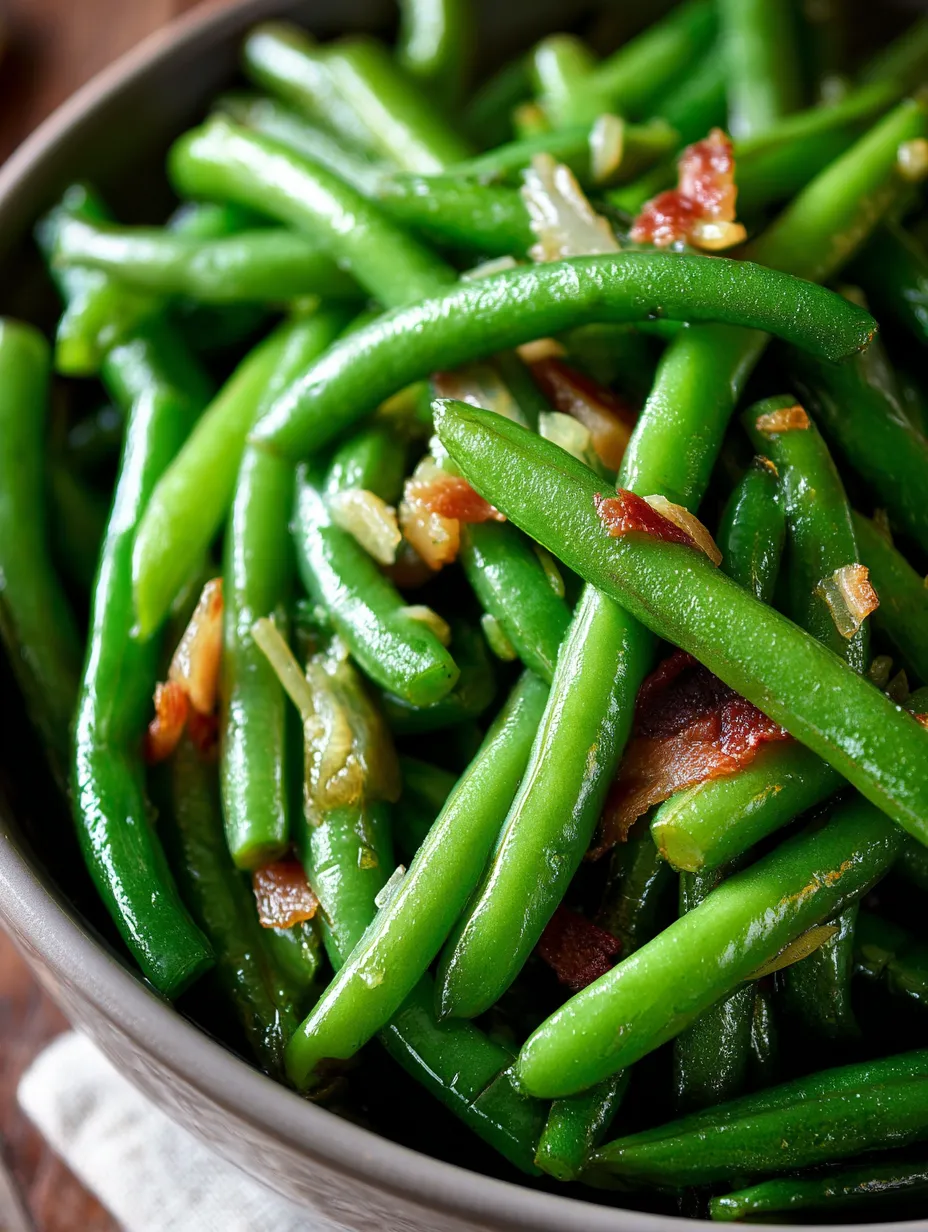A bowl of green beans with bacon.