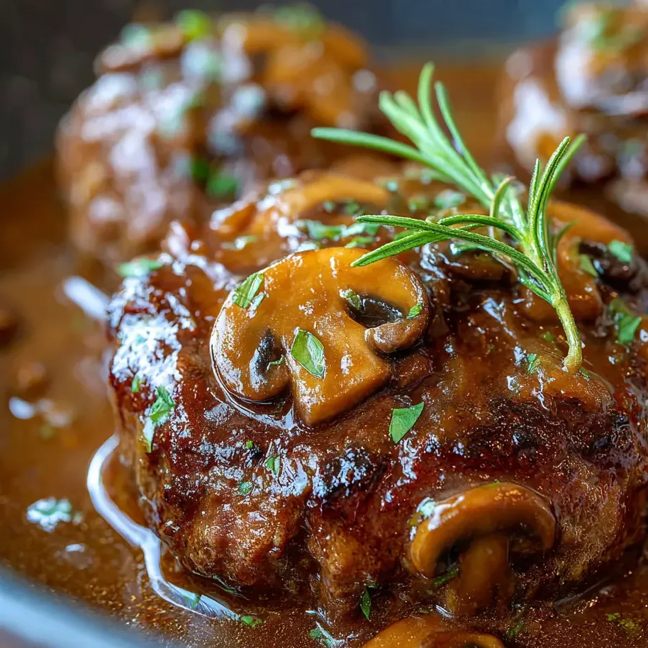 A close up of a meatball with mushrooms on top.