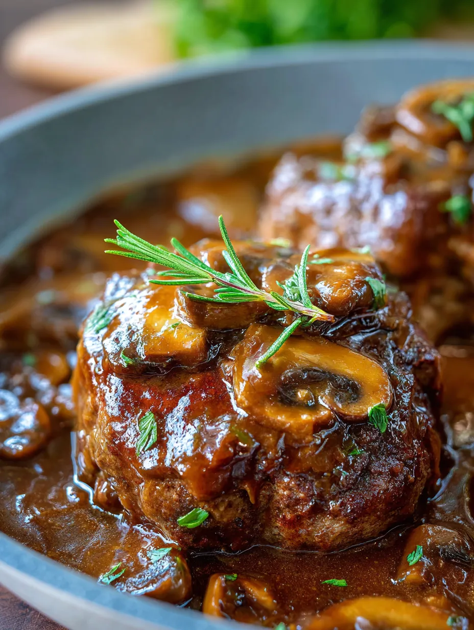 A bowl of meat with mushrooms and herbs.