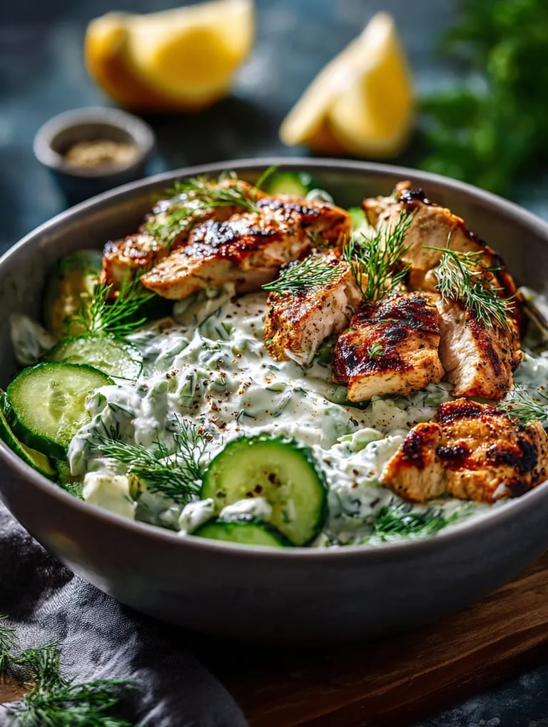 A bowl of chicken tzatziki with vegetables.