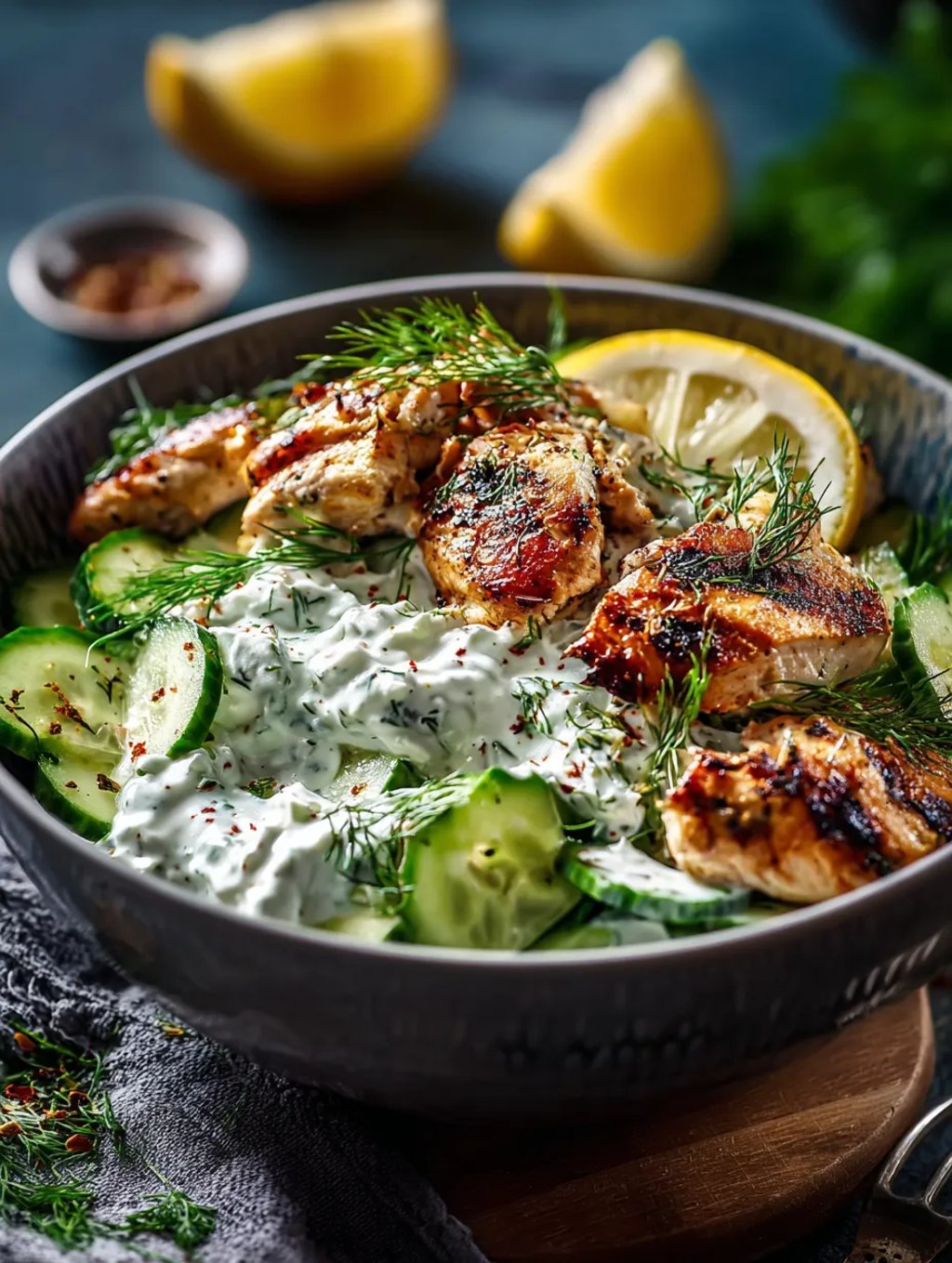 A bowl of chicken and vegetables.