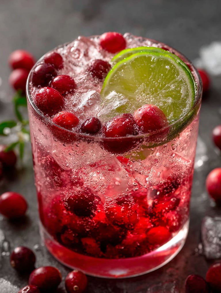 A glass of a sparkling cranberry mocktail drink.