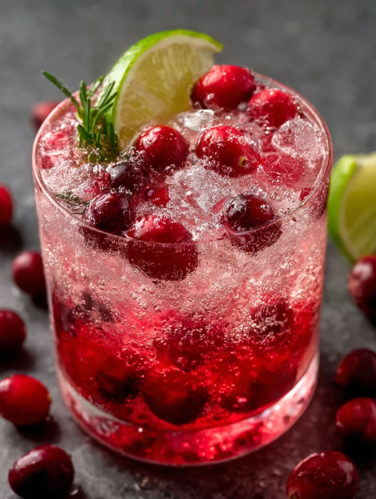 A glass of a red drink with cranberries in it.