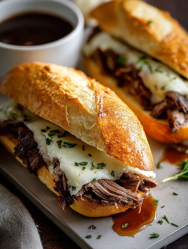 Two French dip beef sandwiches with cheese and sauce.