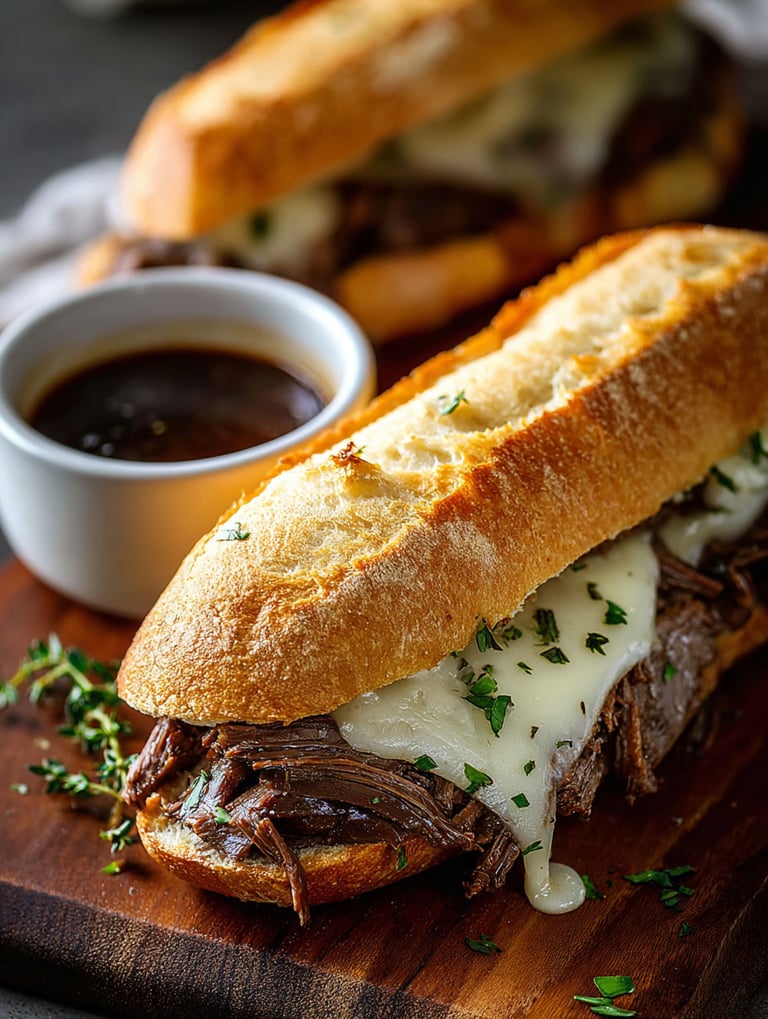 French dip beef sandwiches with cheese and sauce.