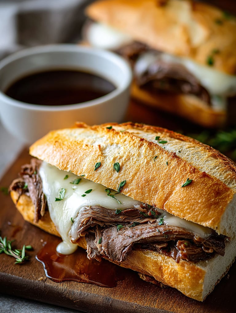 French dip beef sandwiches with cheese and gravy.