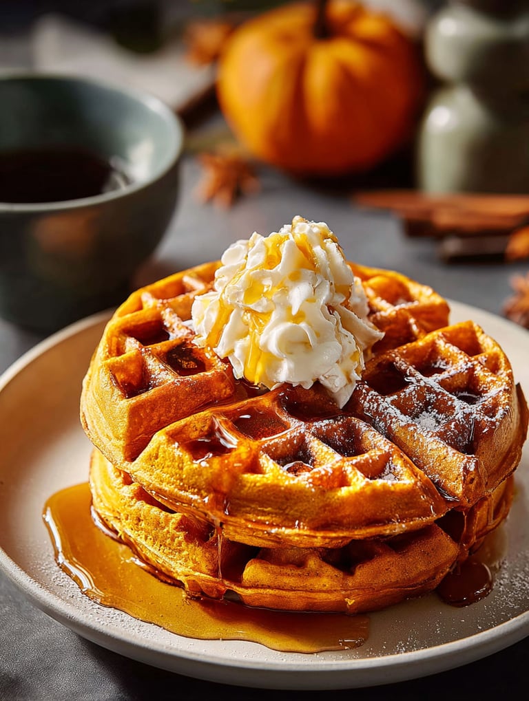 A stack of waffles with a pumpkin on top.