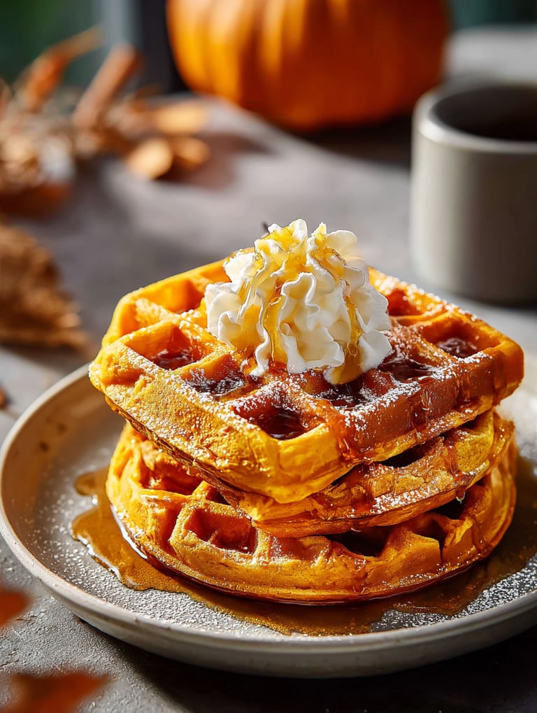 A stack of waffles with whipped cream and pumpkin syrup.