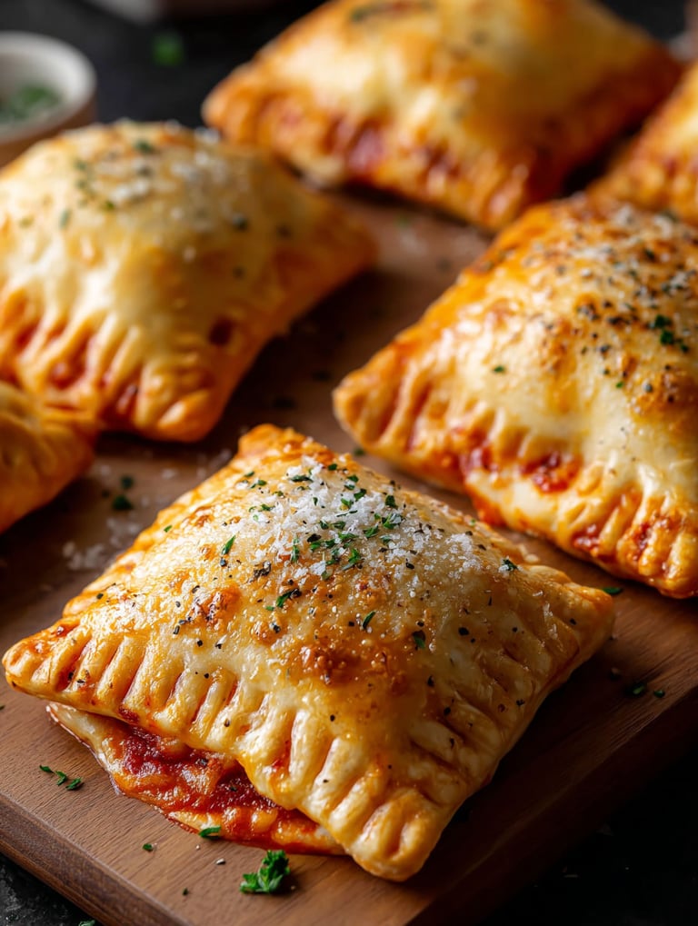 Mini pizza pockets on a wooden board.