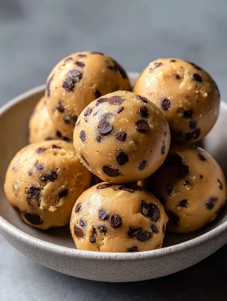 A bowl of chocolate chip cookie dough bites.