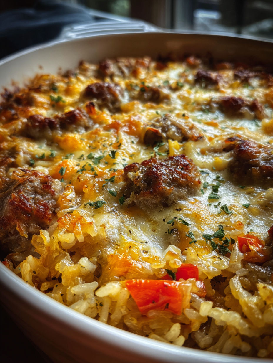 A close up of a sausage and rice casserole.