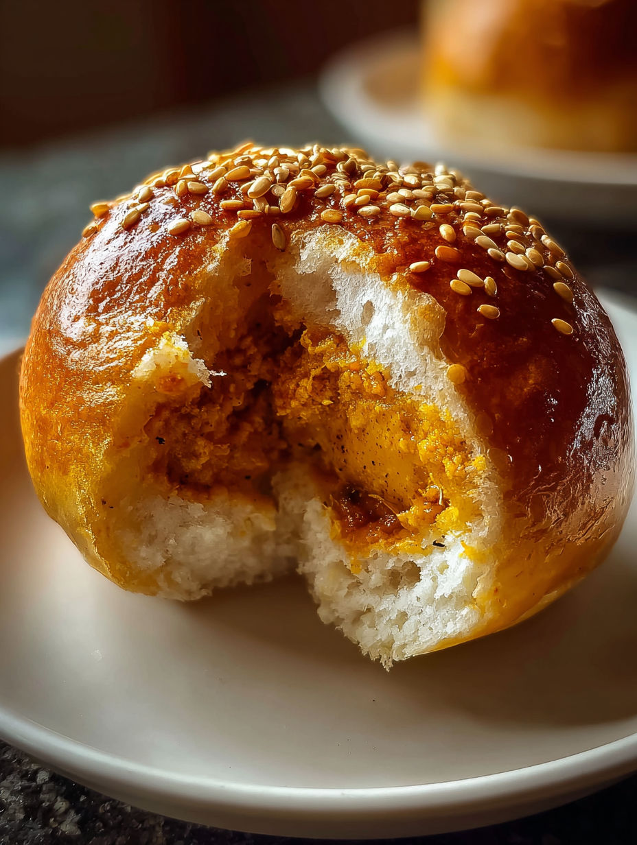 A Japanese curry bun with a hole in the center.