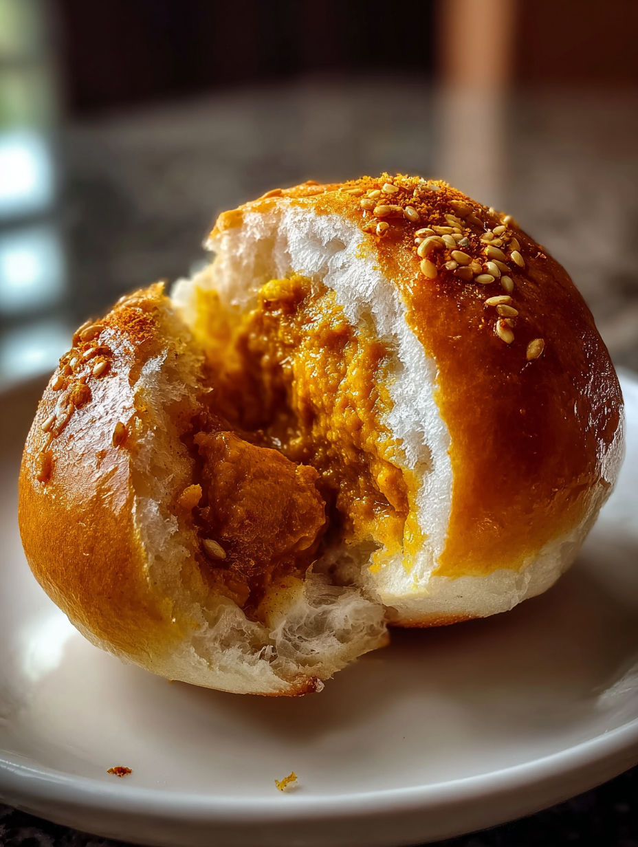 A Japanese curry bun with a slice taken out.