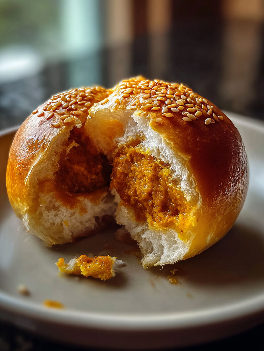 A Japanese Curry Bun with a bite taken out of it.
