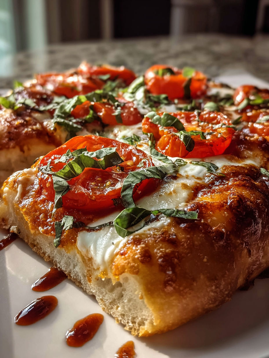 A slice of Margherita pizza with tomatoes and basil.