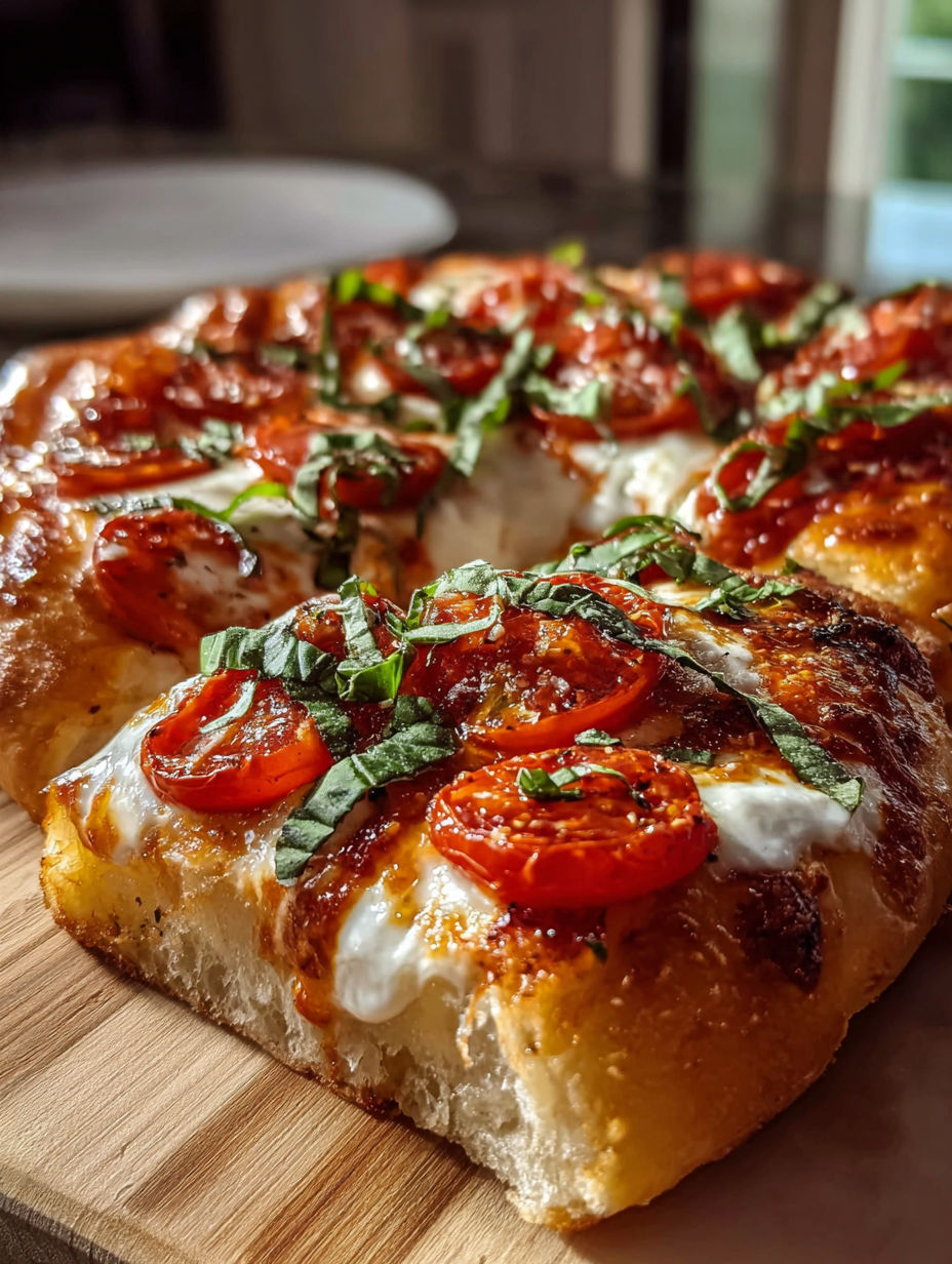 A slice of Margherita pizza with tomatoes and basil.