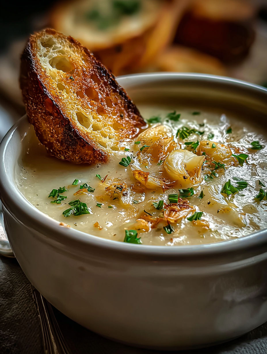 A bowl of country french garlic soup with a slice of bread on top.