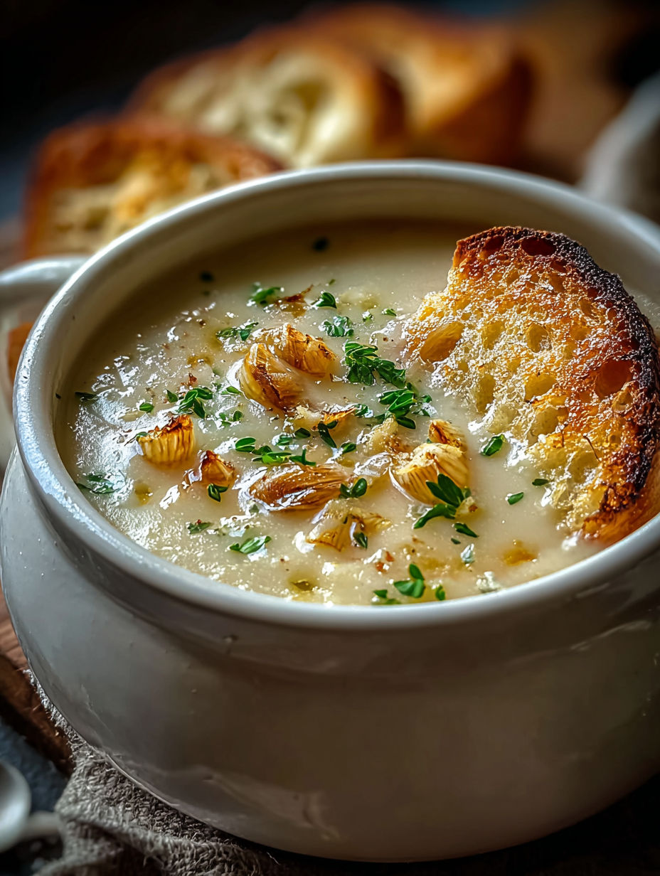 A bowl of soup with a piece of bread on top.