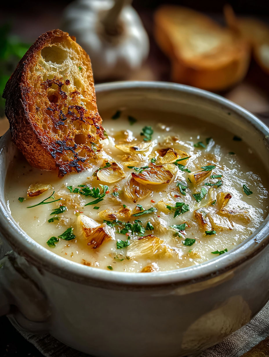 A bowl of soup with a piece of bread on top.