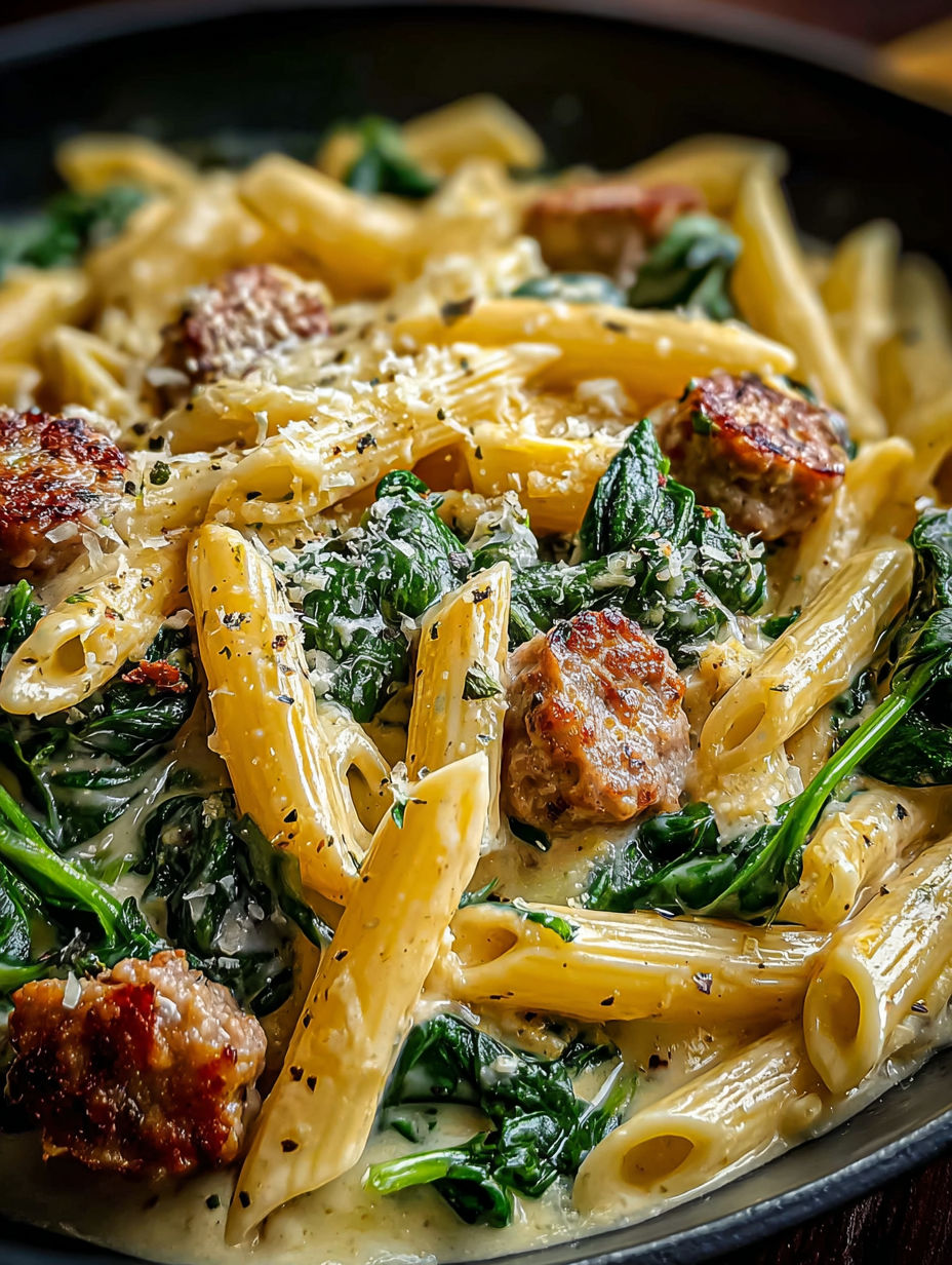 A delicious one-pan creamy penne with spinach and Italian sausage.